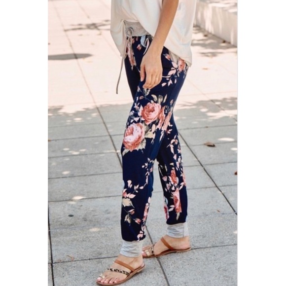 Navy Floral Jogger Sweatpants Lounge Casual Pants - Picture 3 of 7